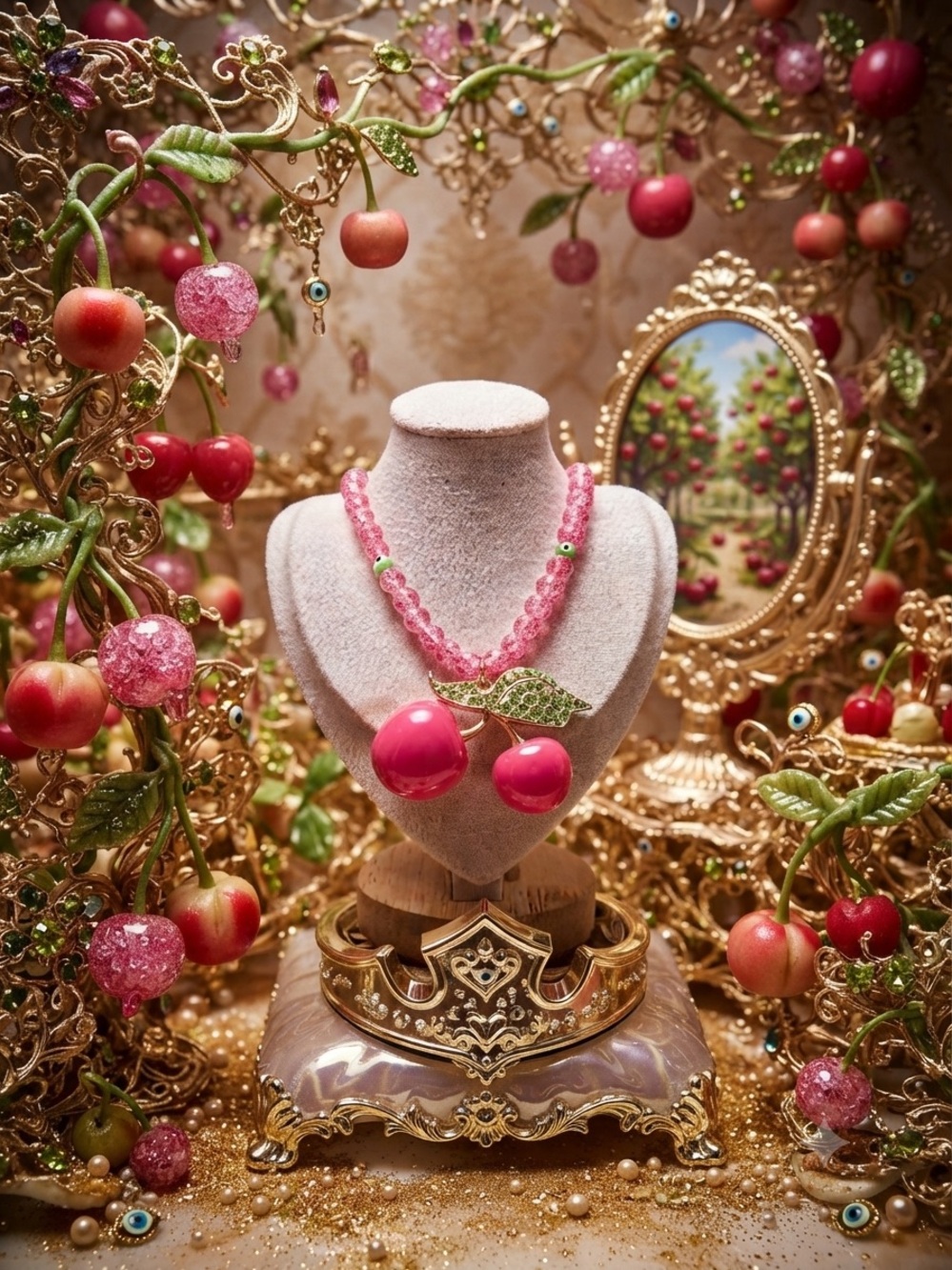 One of a kind hot Pink Cherry Pendant Necklace with Green Leaf Accents/ magnetic